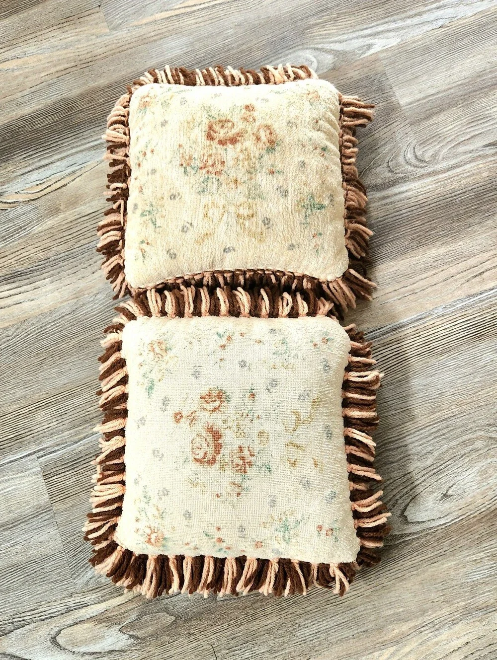 2 Handmade Cottagecore Shabby Chic Throw Pillows Fringed Muted Floral 12x12 inch